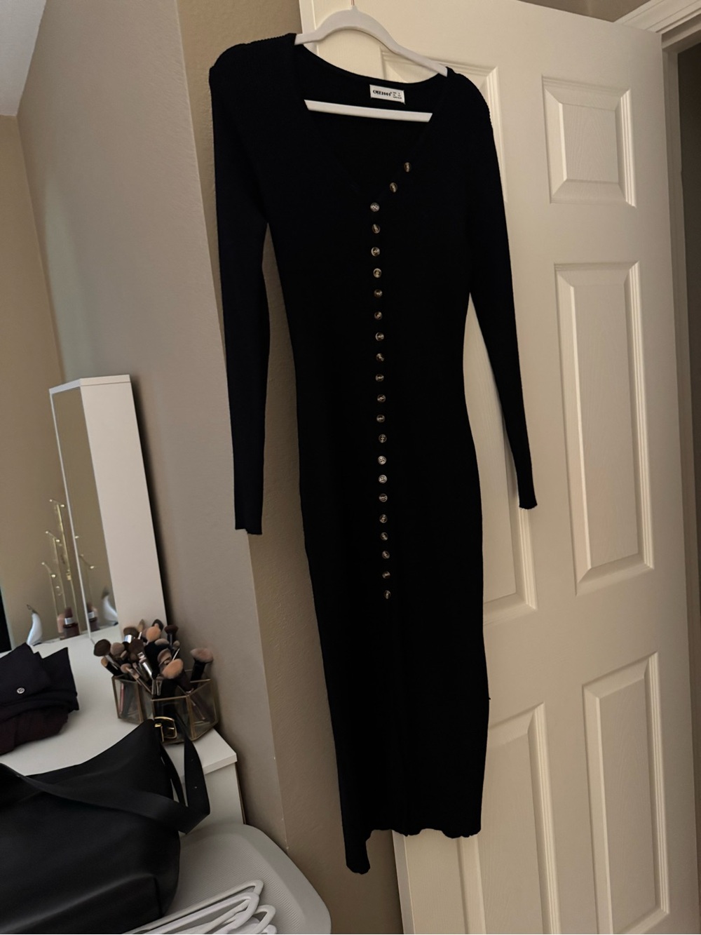 Commando Black Ribbed Button-Front Long Sleeve Midi Dress